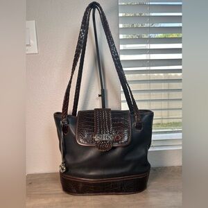 Large Vintage Brighton Black Brown Leather Double Braided Shoulder Bag Tote